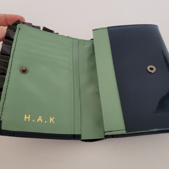 HAK Wallet Leather Blue Green Bow Ruffle Card Bill Coin Medium Bifold Rare New - Picture 4 of 11